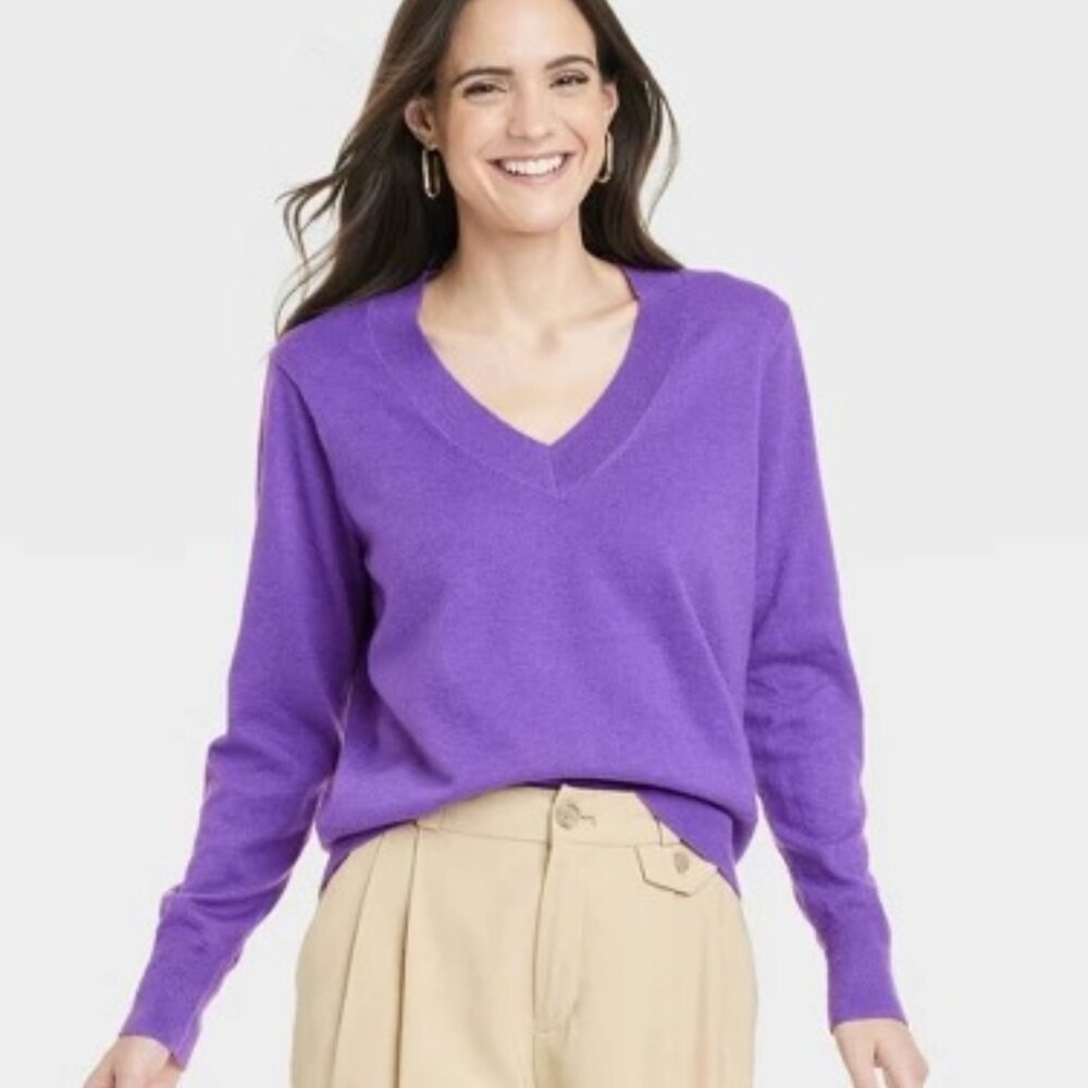 a new day Purple V-Neck Sweater Oversize Violet Pullover | Size M
